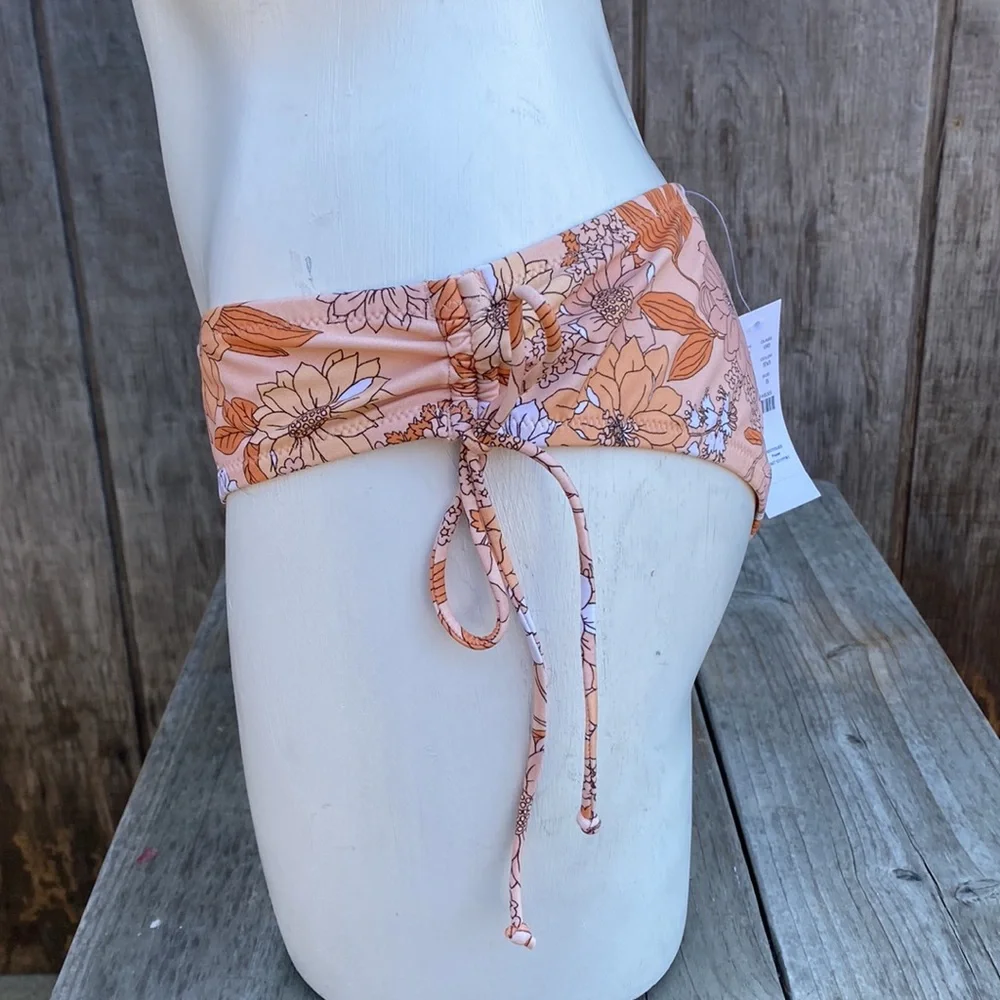 J Crew Orange Floral Side Tie Ruching Hipster Bikini Bottoms Size S NWT